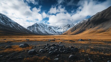 Poster - Vast mountain valley scenery with snow capped peaks and cloudy sky