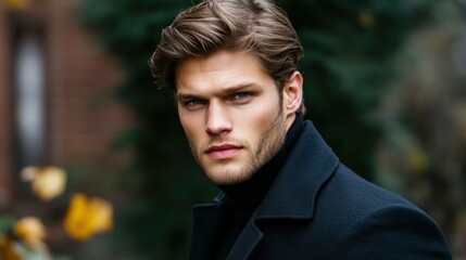 Poster - A handsome man poses outdoors while looking directly at the camera