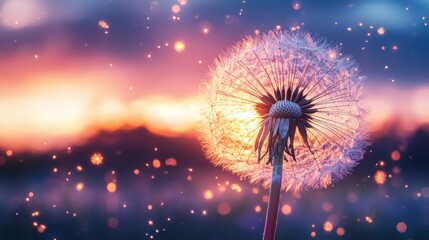 Poster - A close up of a dandelion with glowing sparkles in the sky