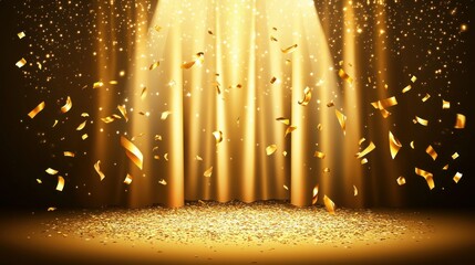 Poster - Golden confetti and spotlights illuminating a stage background