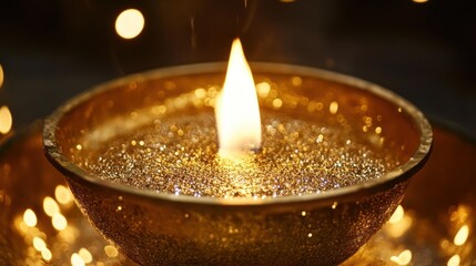 Poster - A golden candle burning inside a beautiful decorative bowl