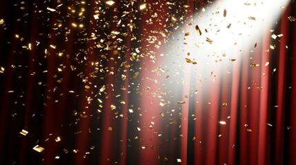 Poster - Gold confetti falling on a red curtain with a spotlight