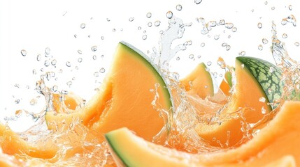Poster - Slices of cantaloupe with water droplets splashing against each other