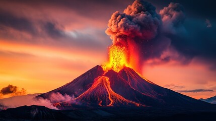 Poster - A fiery mountain erupts with smoke and glowing magma