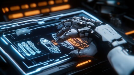 Poster - The mechanical hand manipulates a digital screen displaying designs