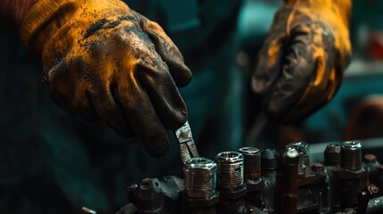 Poster - A worker uses tools on an industrial piece of machinery