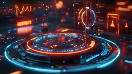 Poster - Futuristic digital interface with glowing orange and blue details
