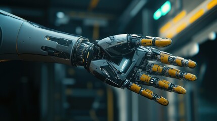 Poster - Robotic hand extending in a mechanical metallic futuristic industrial scene