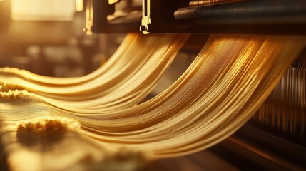 Poster - Machine produces long strings of golden colored material for processing