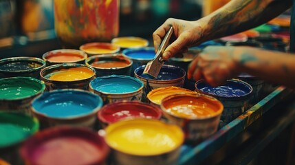 Aufkleber - A painter dipping a tool into many colorful paint tins