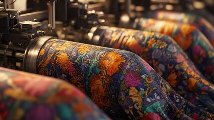 Aufkleber - Textile printing machine with colorful floral designs and patterns