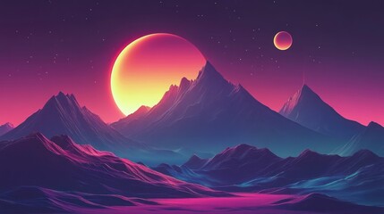 Poster - The cosmic artwork shows a mountain range and two celestial bodies