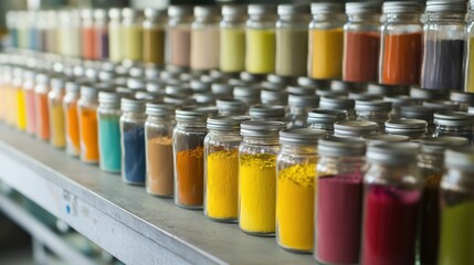 Poster - Various colorful pigment powders are stored in clear glass jars