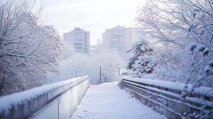 Poster - A snow covered pathway and buildings on a cold winter day