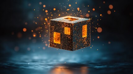 Poster - A Floating Cube with Glowing Windows and Sparks in Space