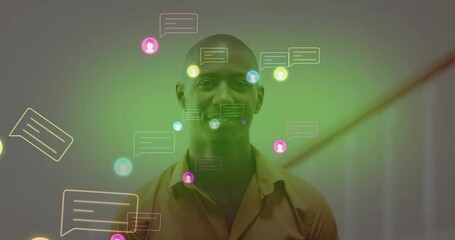 Poster - Smiling person surrounded by colorful chat icons and message bubbles animation
