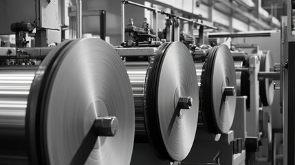 Poster - A metal factory machine with spools of metal materials