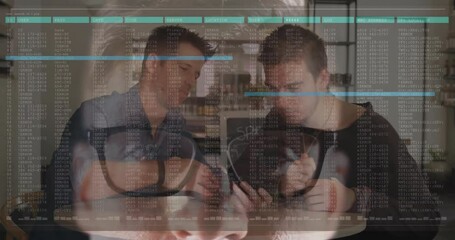 Poster - Two people working on device with data processing animation overlay