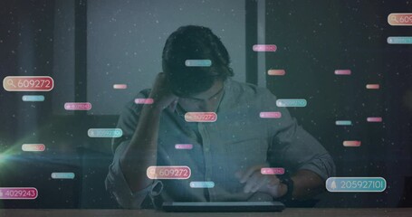 Poster - Man using tablet with floating numbers and data processing animation