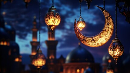 Poster - Illuminated Lanterns and Crescent Moon Ornament Ramadan Islamic Theme