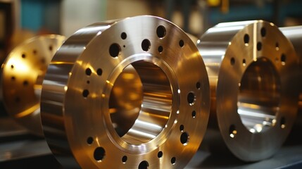 Aufkleber - Several circular metal components with holes sit in a factory