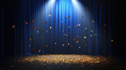 Poster - Golden Confetti Falling On Stage In Front Of Blue Curtains
