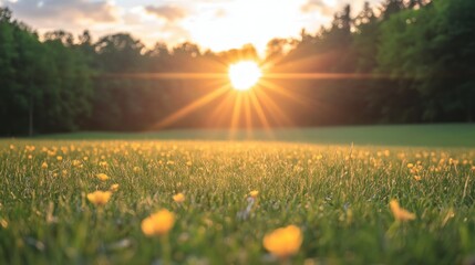 Poster - Beautiful golden sunset over a field of green grass and trees