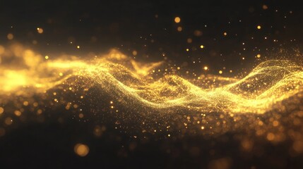 Poster - Shimmering golden particles floating in a dark background are visible