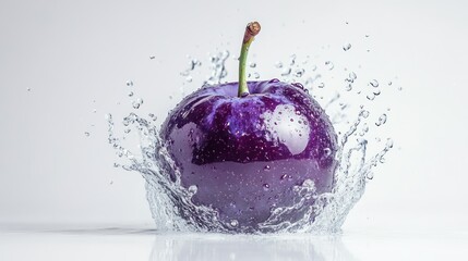 Poster - A Shiny Purple Plum Being Submerged in a Splashing Fountain of Water