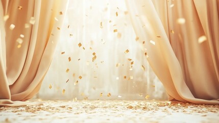 Poster - Gold confetti falling in front of curtains creates a stunning scene