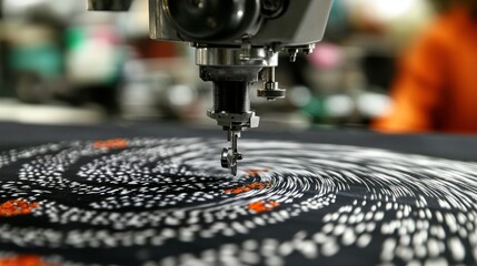 Poster - A sewing machine intricately stitching a black patterned textile