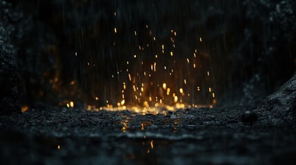 Poster - Glowing embers and rain fall on wet dark ground