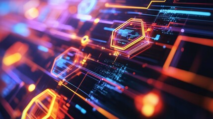 Poster - Futuristic digital data information network with neon light designs displayed