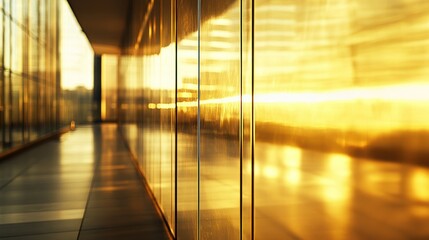 Poster - A golden corridor with glass walls reflects warm sunlight