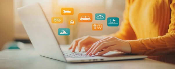 person using laptop with travel icons displayed.