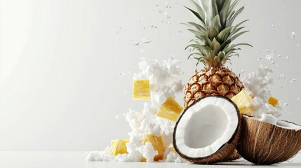 Poster - Fresh pineapple and coconut fruits against a white background
