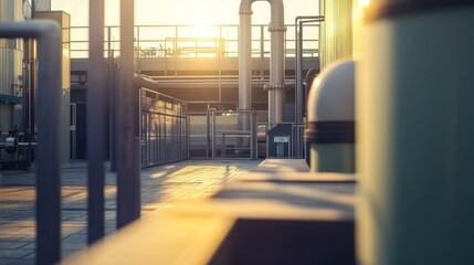 Poster - Sunset illuminates industrial structures of an urban setting brightly