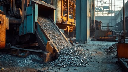 Poster - Large industrial machine pouring metal stones in factory setting