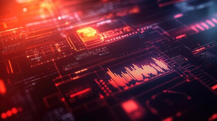 Poster - A red glowing digital interface with data and graphical displays