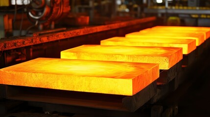 Poster - Glowing metal slabs are being processed in an industrial setting