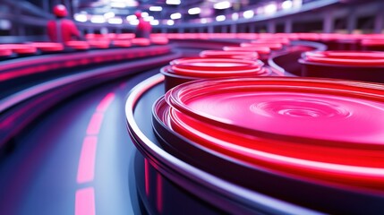 Poster - Industrial assembly line with red glowing machinery in operation