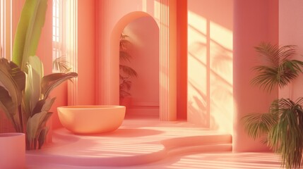 Poster - An artistic interior scene with plants and archways and light