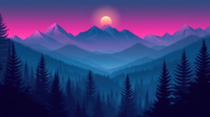 Poster - A beautiful mountain landscape with tall trees and a vibrant sunset