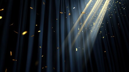 Poster - Light rays illuminate blue curtains with golden confetti falling softly