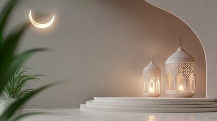 Aufkleber - A serene image displaying lanterns and a crescent moon