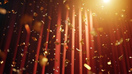 Poster - Golden confetti falling from the bright spotlight over red curtains