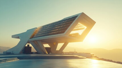 Poster - Modern Architectural Building with Solar Panels During a Sunset