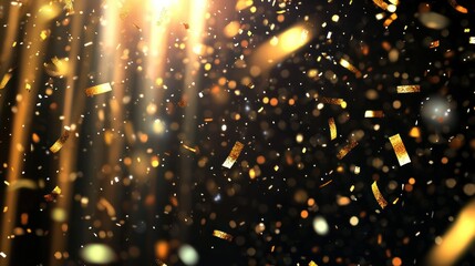 Poster - Golden Confetti Falling with Spotlights and Dark Background Effect