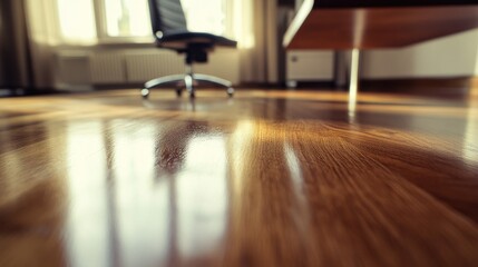 Poster - Shiny wooden floor reflecting light in an office environment