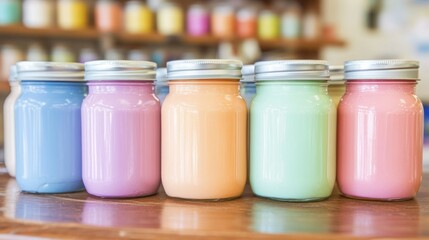 Poster - Jars filled with different pastel colors sit on a table